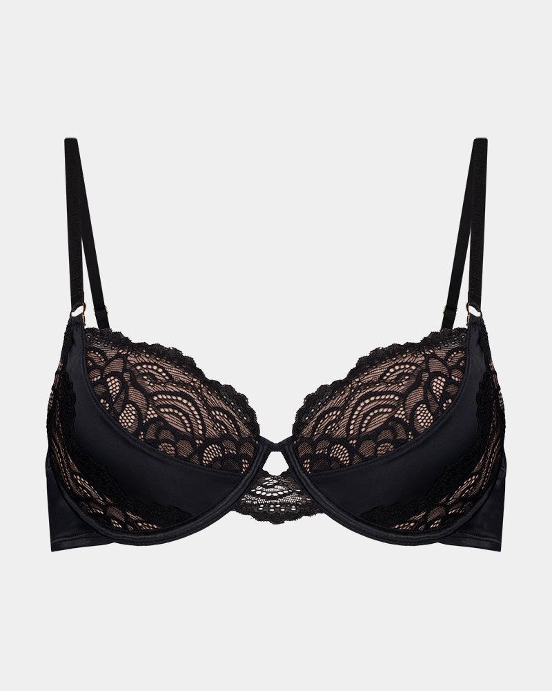 Amara Contour Balconette Bra in BLACK. Flat lay front view