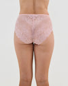 Model wears All Lacey Full Brief in SILVER PINK. On body back view