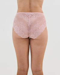 Model wears All Lacey Full Brief in SILVER PINK. On body back view