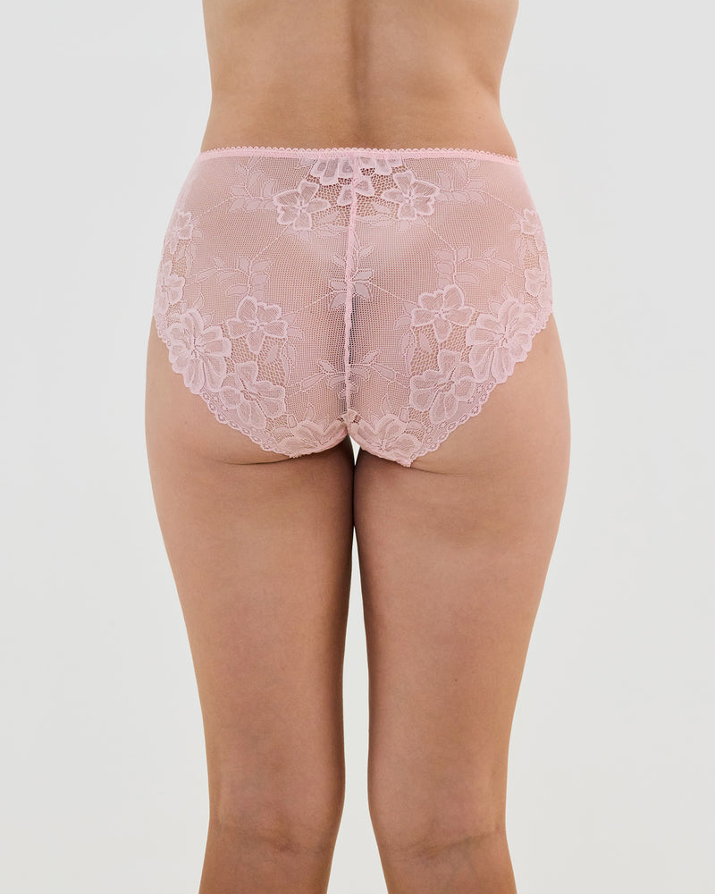 Model wears All Lacey Full Brief in SILVER PINK. On body back view