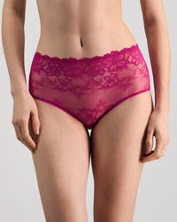 Model wears All Lacey Full Brief in FANTASY FUCHSIA. On body front view
