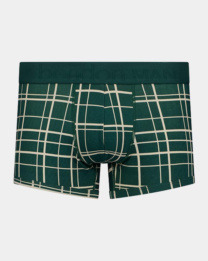 Retros Print Mens Trunk in RAIN FOREST GRID PRINT. Flat lay front view