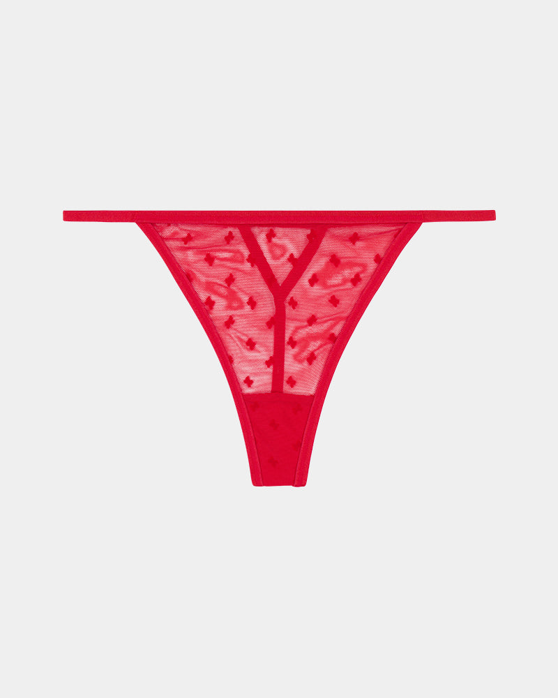 Wrapped In Bows Thong in SALSA. Flat lay front view