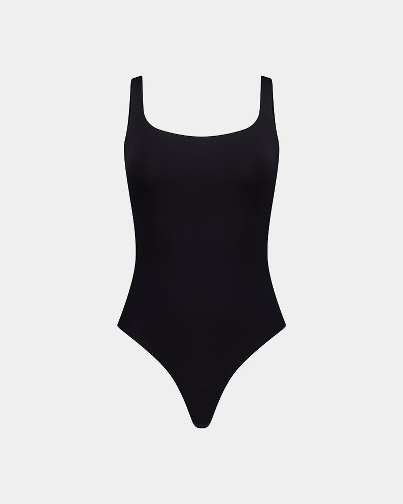 Extra-Ordinary Bodysuit in BLACK. Flat lay front view