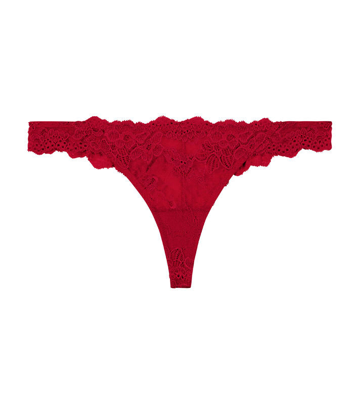 My Fit Lace Thong in RUMBA RED. Flat lay front view