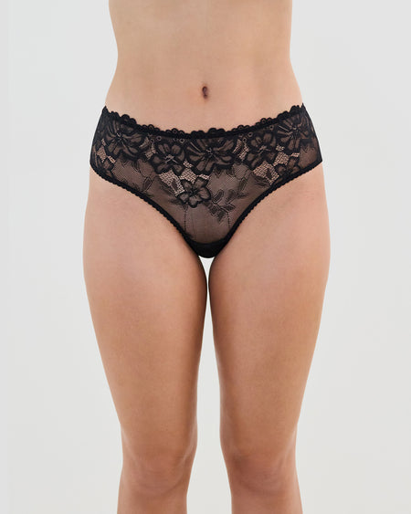 Model wears Lacey Brazilian in BLACK. On body front view
