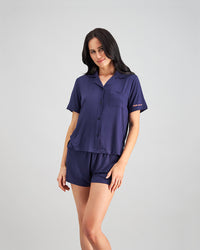Belle Bamboo Short PJ in EVENING BLUE. Feature shot