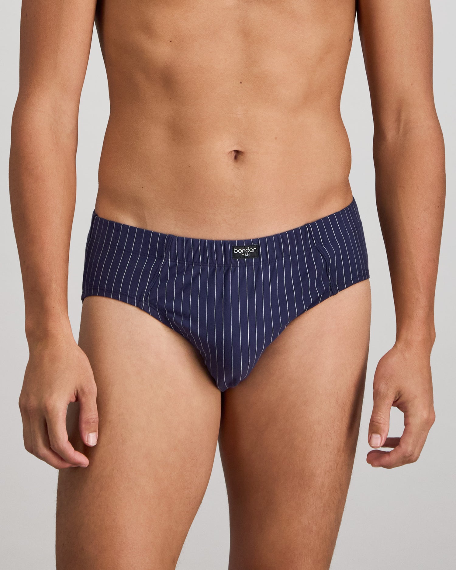 Model wears Cotton Stretch Mens Brief in PEACOAT PINSTRIPE. On body front view