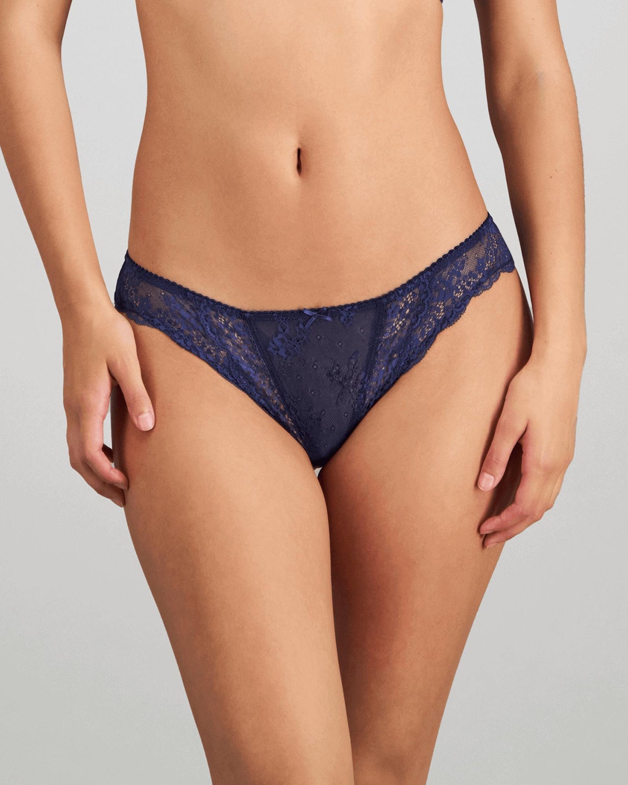 Model wears Sofia Bikini in Medieval Blue. On body front view