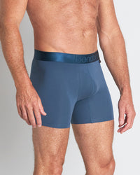Model wears Bamboo Mens Trunk in BLUE WING TEAL. On body side view