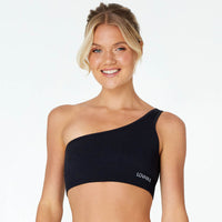 Model wears Lola Rib Crop Top in BLACK. On body front view