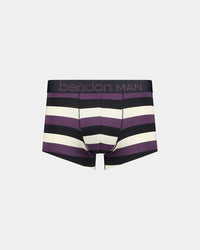 Rugby Stripe Mens Trunk in BLACK/PLUM PERFECT/OATMEAL. Flat lay front view