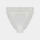 Model wears Lace Trim High Cut Brief in WHITE. On body front view