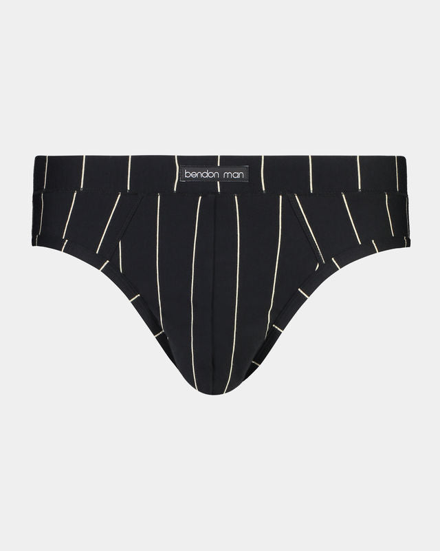 Model wears High Tech Cotton Mens Brief in BLACK STRIPE. On body front view