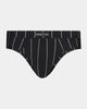 Model wears High Tech Cotton Mens Brief in BLACK STRIPE. On body front view