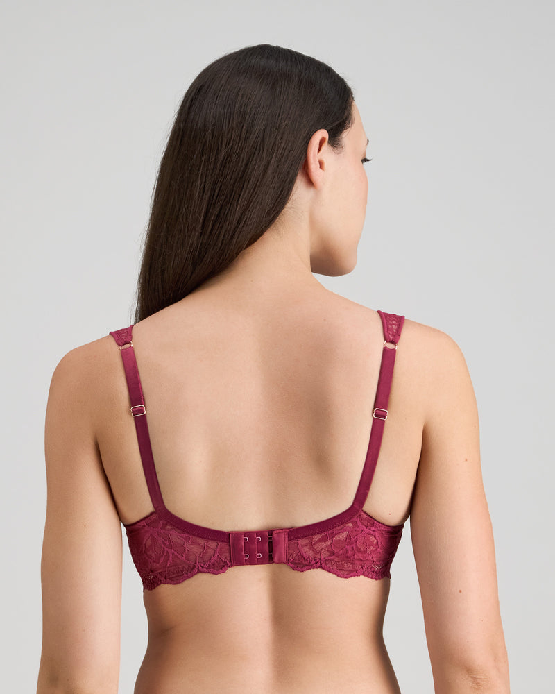 Model wears Midnight Express Underwire Bra in BEAUJOLAIS. On body back view