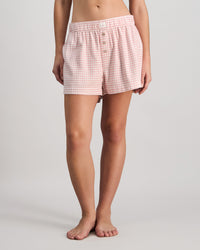 Model wears Cosy Flannel Short in ROSE MINI GINGHAM. On body front view