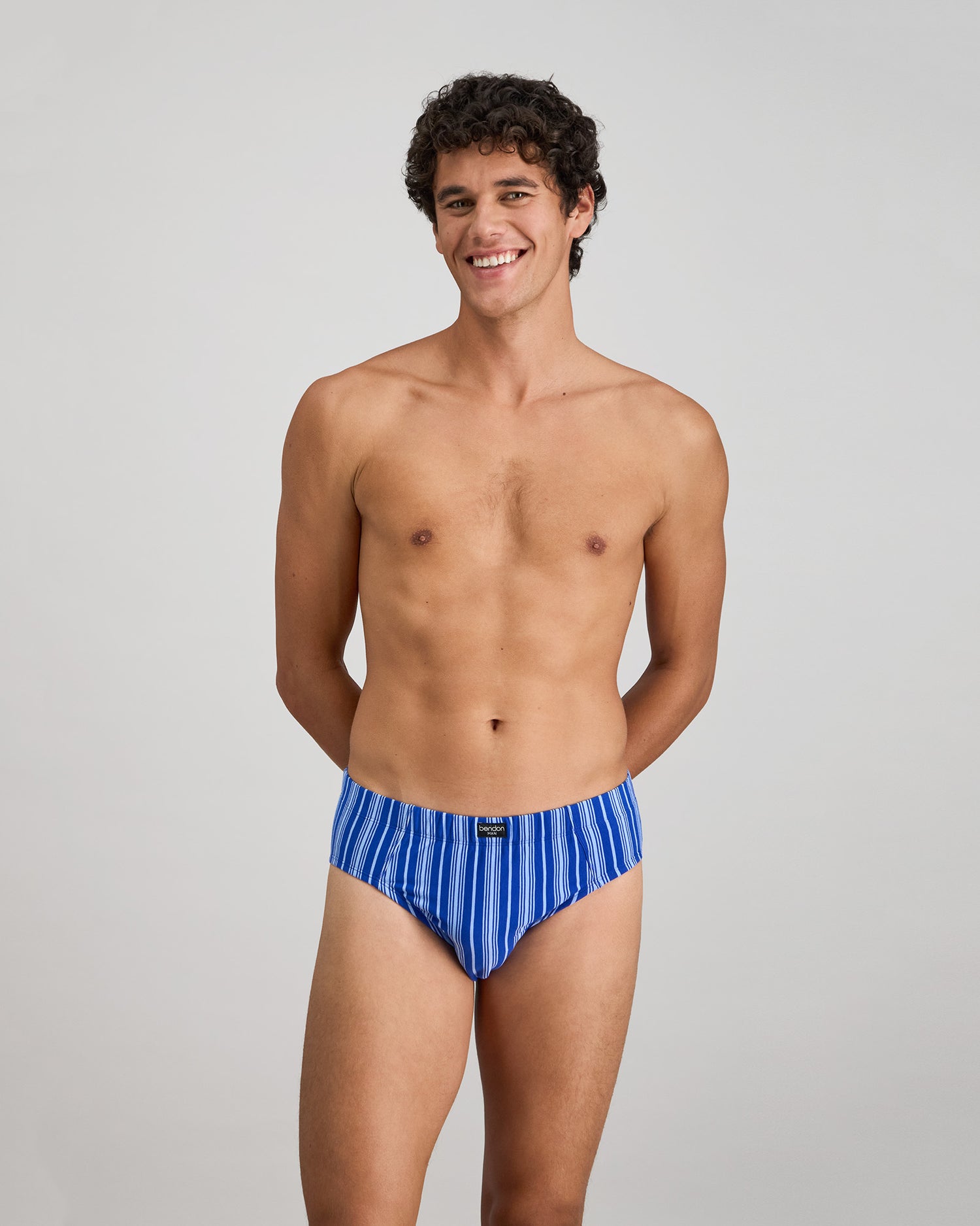 Cotton Stretch Mens Brief in SURF THE WEB STRIPE. Feature shot