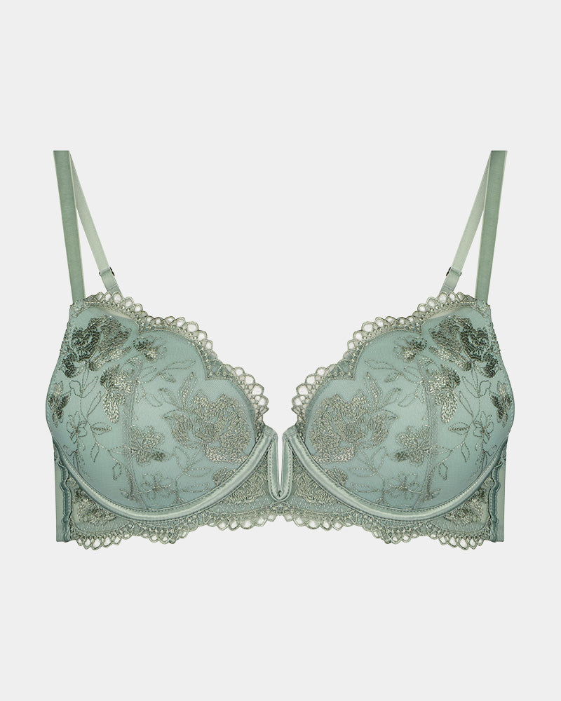 Romilly Push Up Bra in ICEBERG GREEN. Flat lay front view