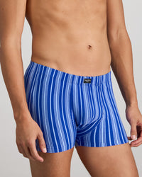 Model wears Cotton Stretch Mens Trunk in SURF THE WEB STRIPE. On body side view