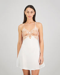 Model wears Eros Chemise in SUGAR. On body front view