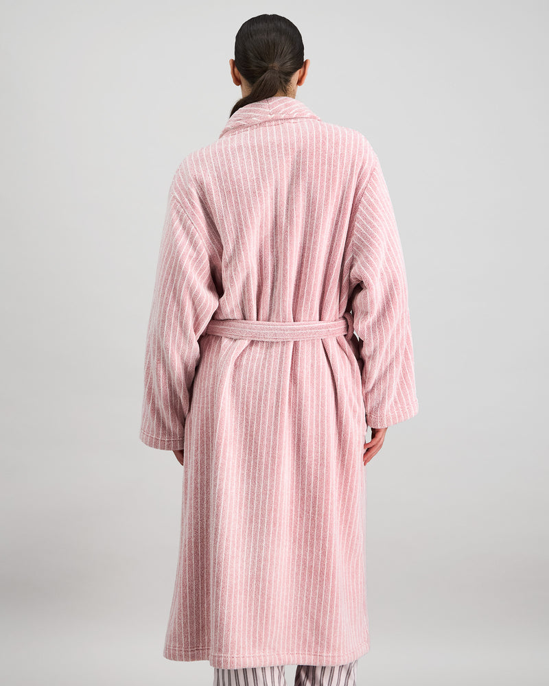 Model wears Marbella Robe in PINK MARL STRIPE. On body back view