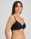 Model wears Flawless Form Contour Bra in BLACK. On body side view
