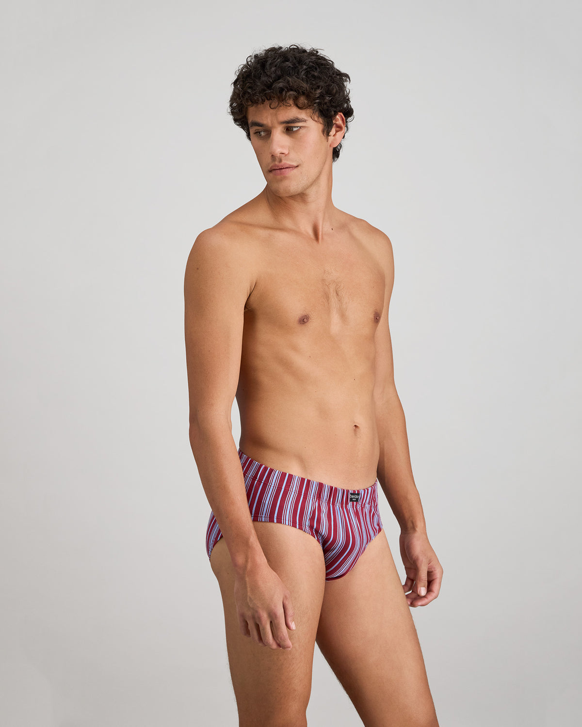 Cotton Stretch Mens Brief in TIBETAN RED STRIPE. Flat lay back view