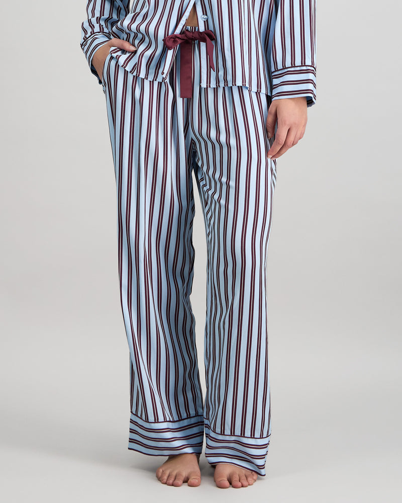 Model wears Cabana Stripe Long Pj Pant in COOL BLUE. On body front view