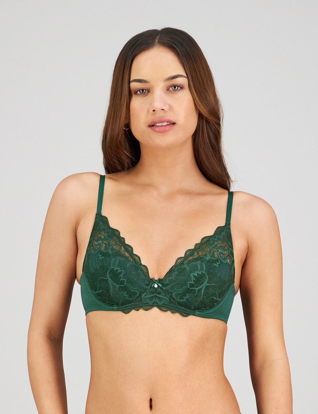 Model wears Embrace Contour Bra in RAIN FOREST. On body front view