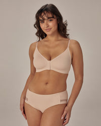 Comfit Collection Wire Free Front Opening Bra in LATTE. Feature shot