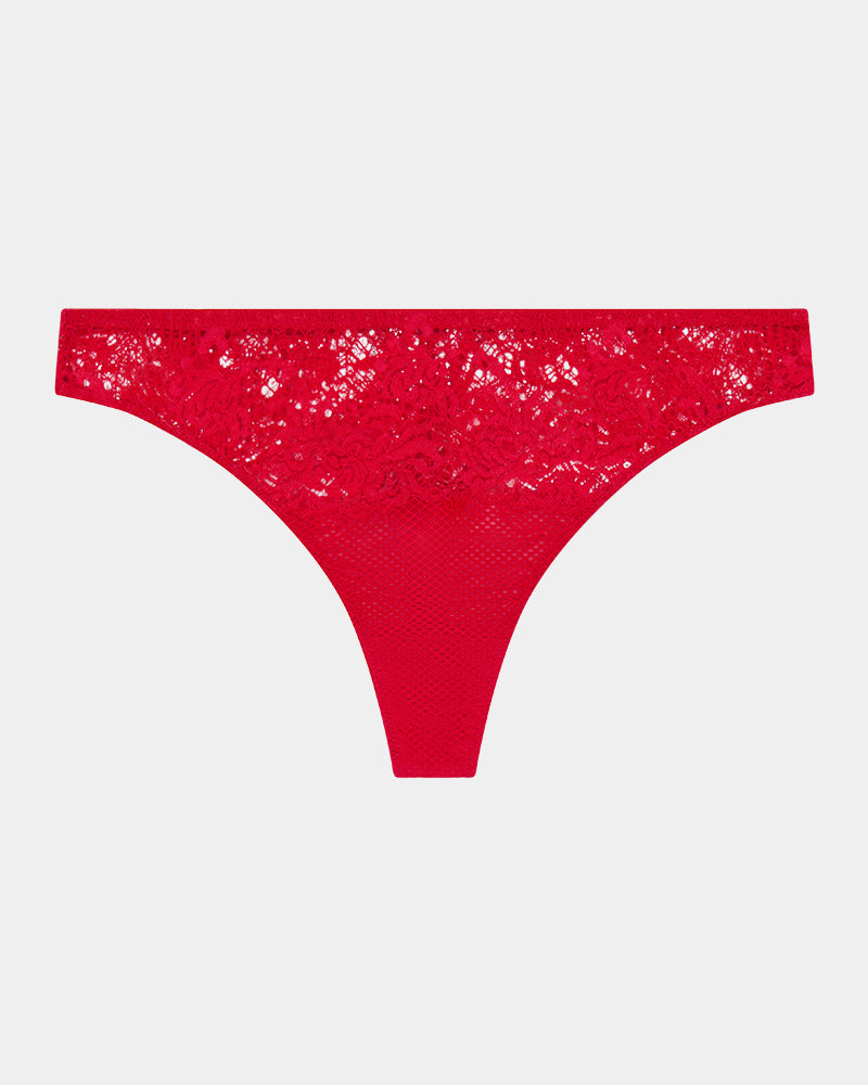 Adoration Thong in SALSA. Flat lay front view