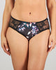 Model wears Wild Violet Full Brief in DARK FOLKLORE PRINT. On body front view