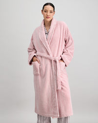 Model wears Marbella Robe in PINK MARL STRIPE. On body front view