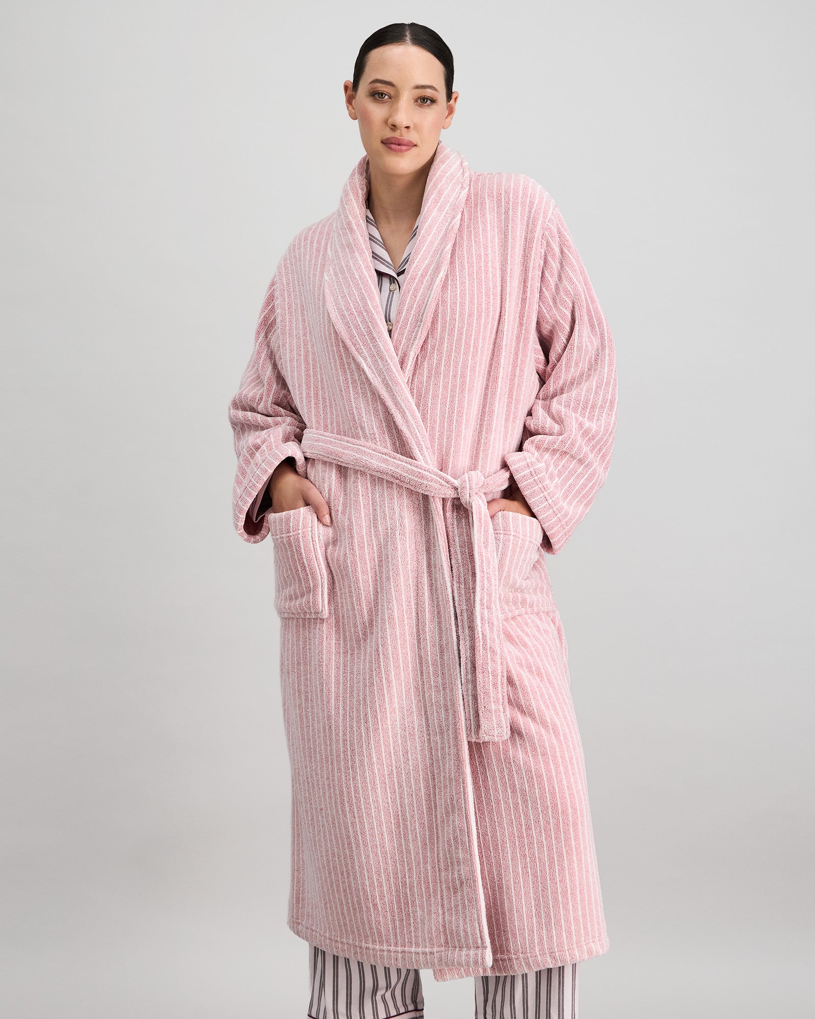 Model wears Marbella Robe in PINK MARL STRIPE. On body front view