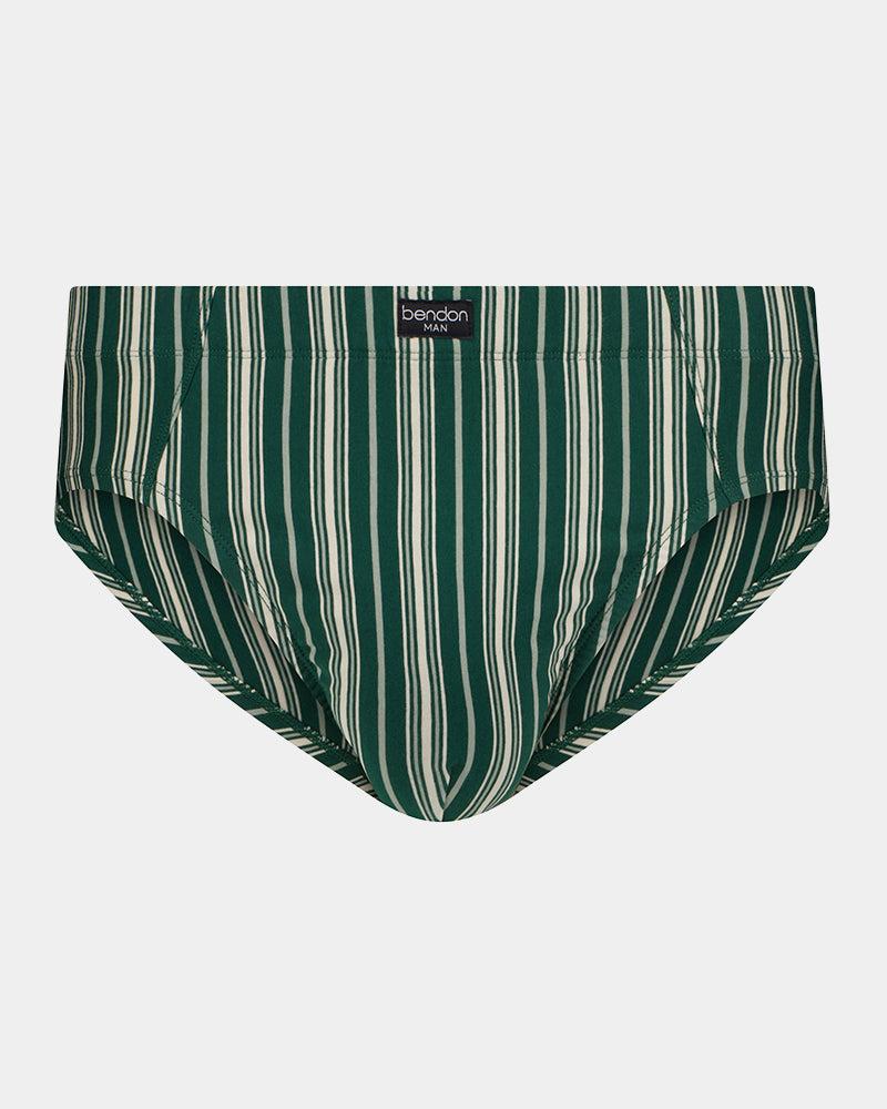 Cotton Stretch Mens Brief in RAIN FOREST STRIPE. Flat lay front view