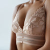 Model wears Captivate Me Bralette in NUDE INTIME. On body side view