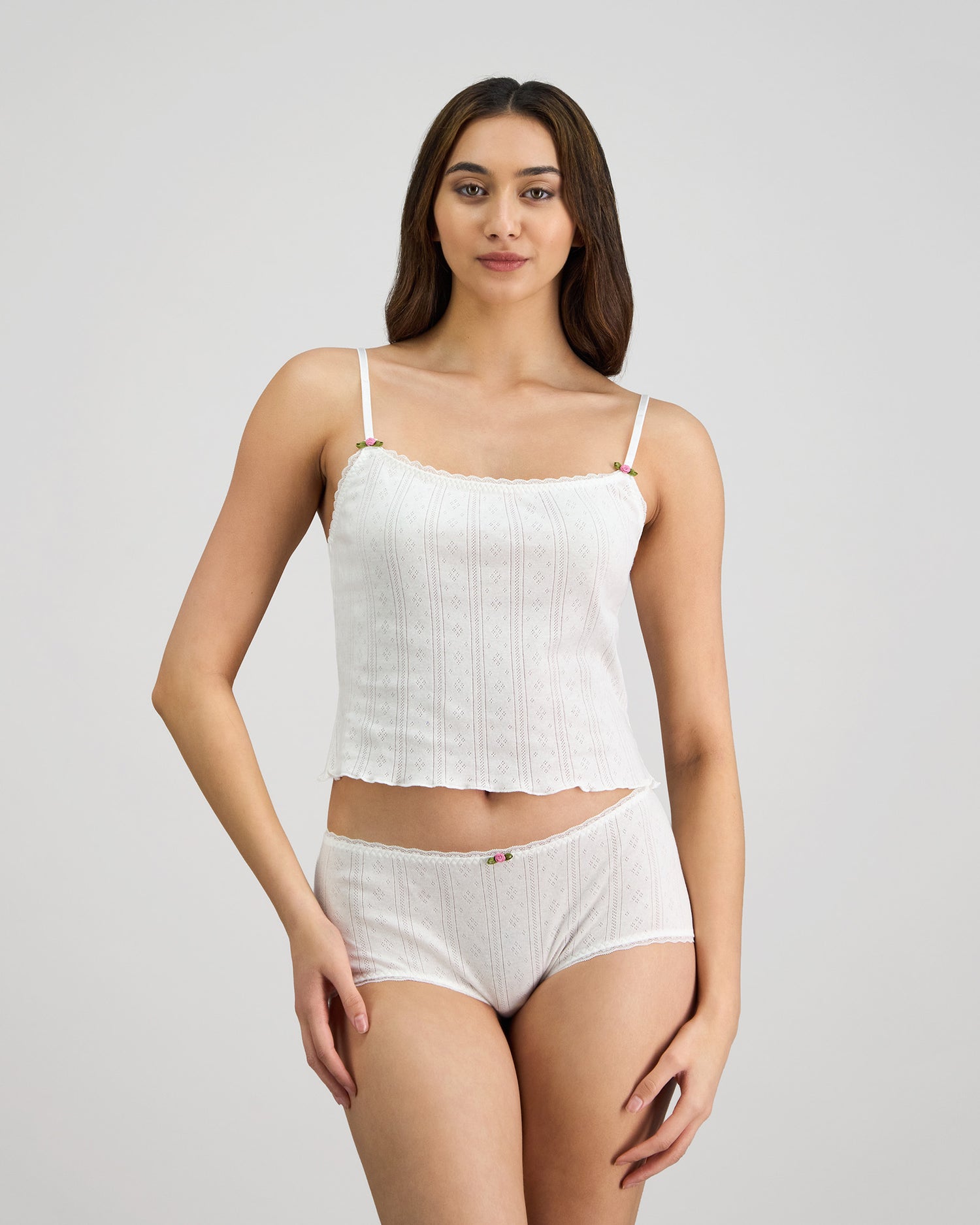 Model wears Body Cocoon Boyshort in WHITE. On body front view
