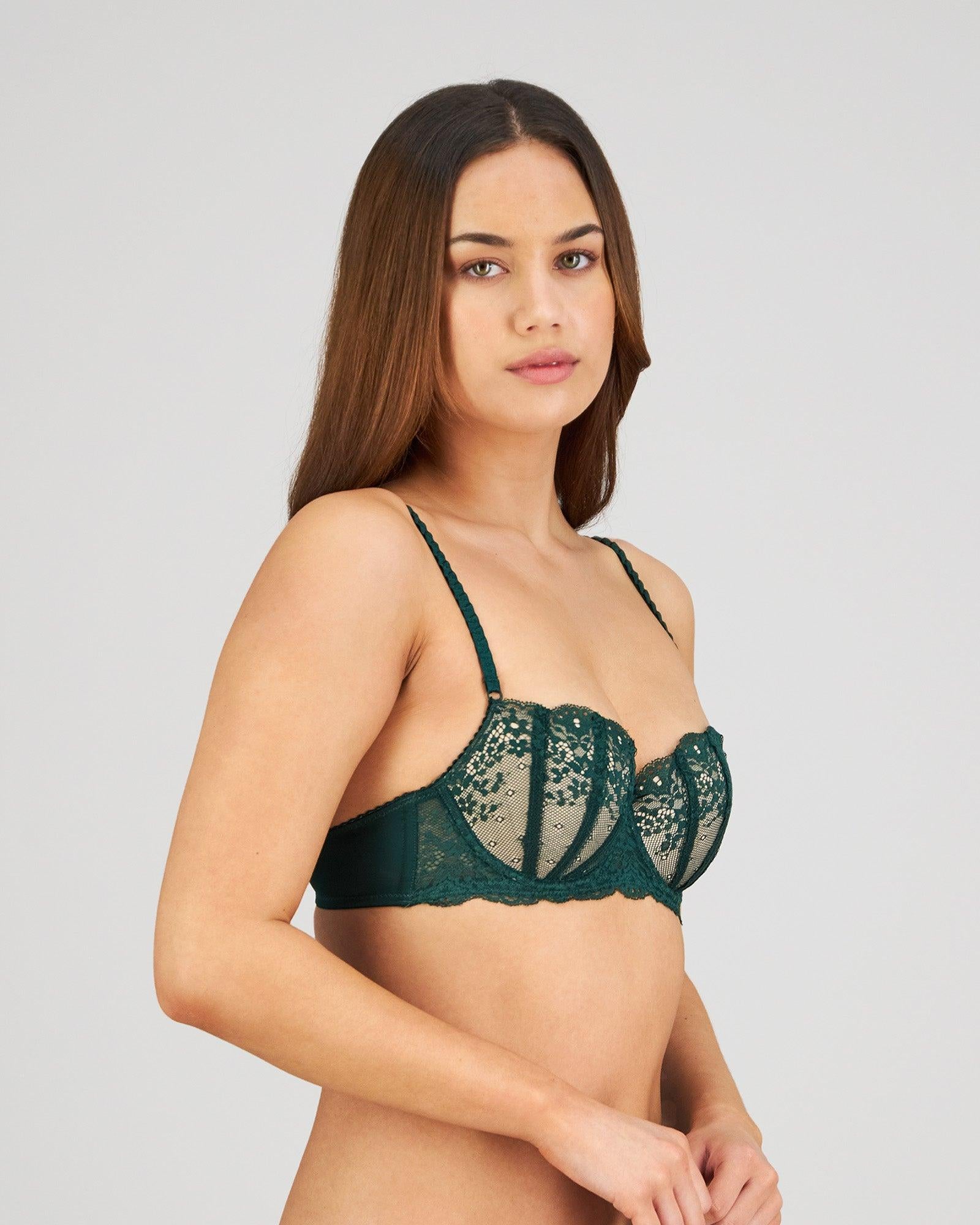 Model wears Sofia Contour Bra in RAIN FOREST. On body side view