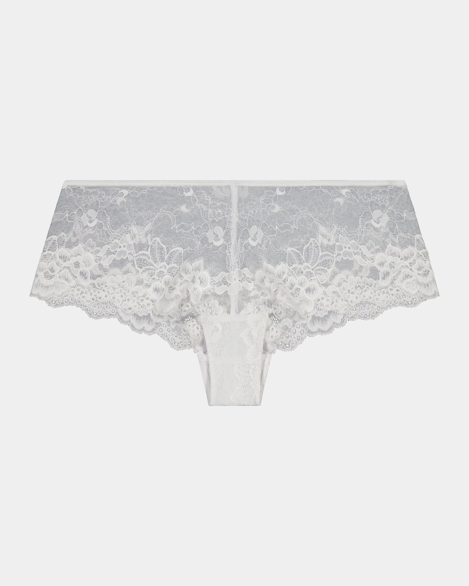 My Fit Lace Brazilian in WHITE. Flat lay front view