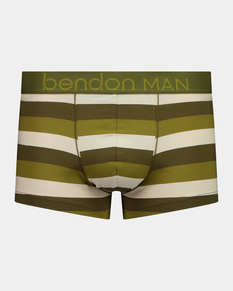 Rugby Stripe Mens Trunk in OLIVE/NUTRIA/OATMEAL. Flat lay front view