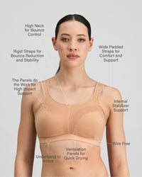 Model wears Stamina Wire Free Bra in LATTE. On body side view