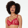 Model wears My Fit Lace Push Up Bra in JESTER RED. On body front view
