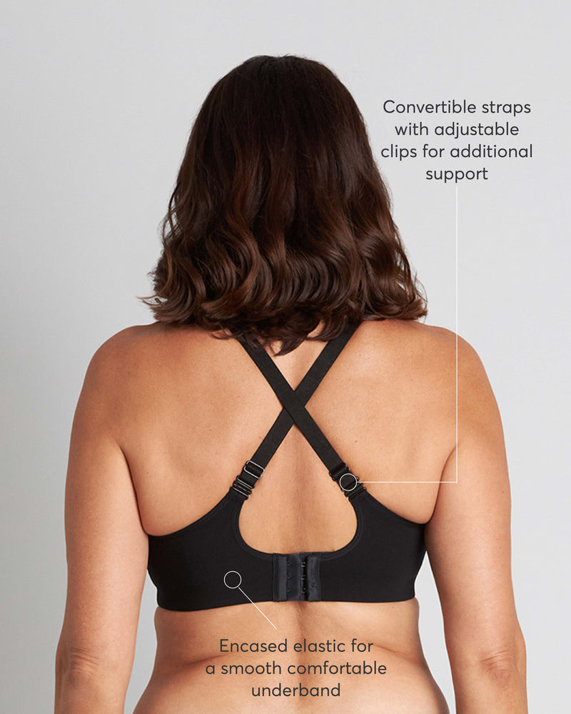 Model wears Power Underwire Bra in BLACK. On body back view