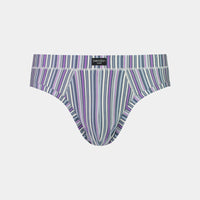 High Tech Cotton Mens Brief in AMETHYST PEARLBLUE STRIPE. Flat lay front view