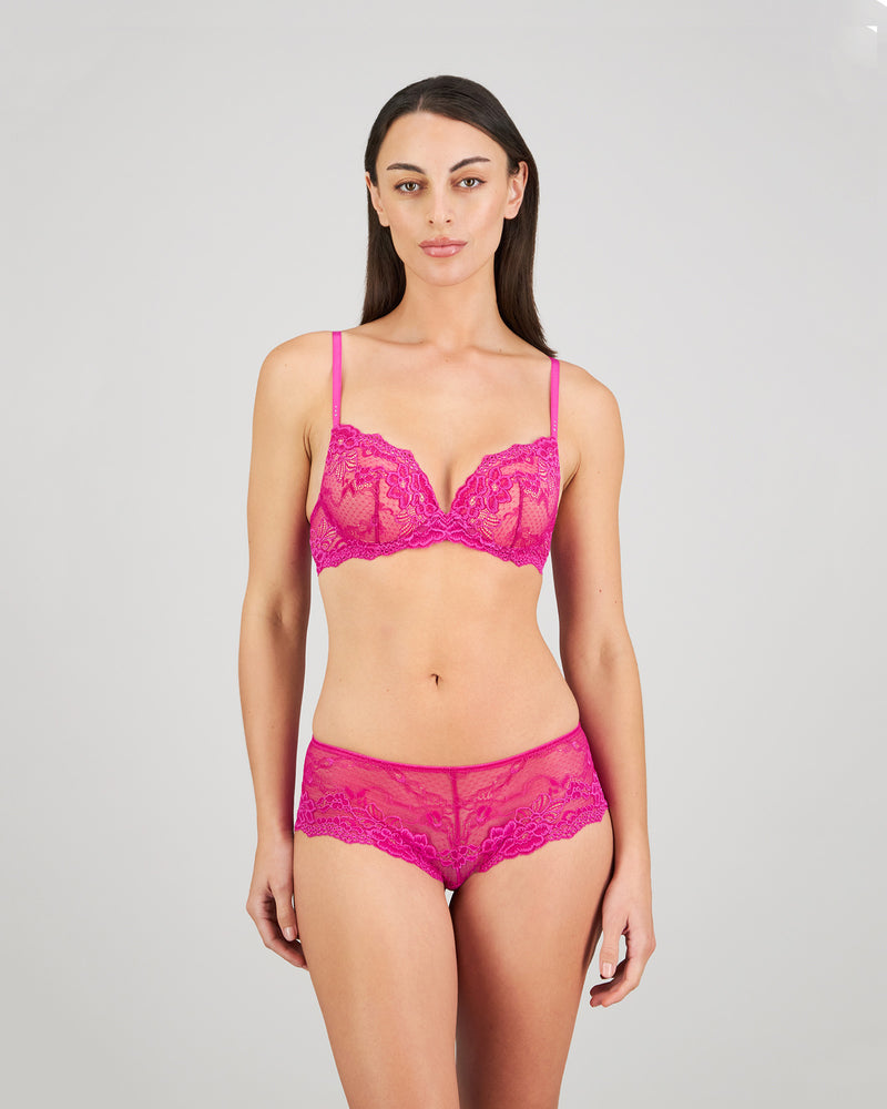My Fit Lace 200% Boost Push-Up Plunge Bra in FANTASY FUCHSIA. Flat lay back view