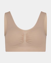 Bendon Essentials Crop Top in LATTE. Flat lay front view