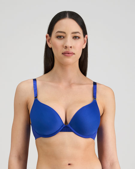 Model wears Plunge Perfect Contour Bra in DAZZLING BLUE. On body front view
