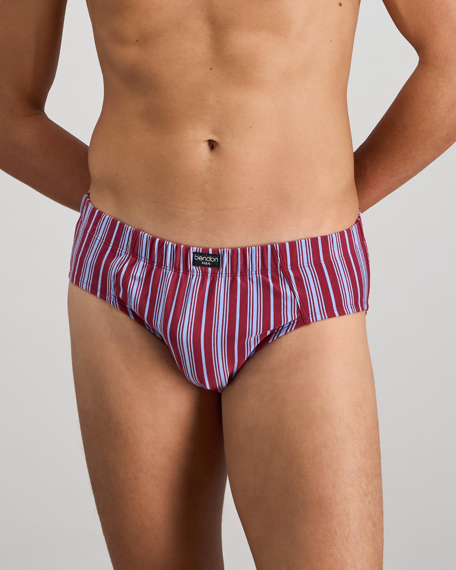 Model wears Cotton Stretch Mens Brief in TIBETAN RED STRIPE. On body front view