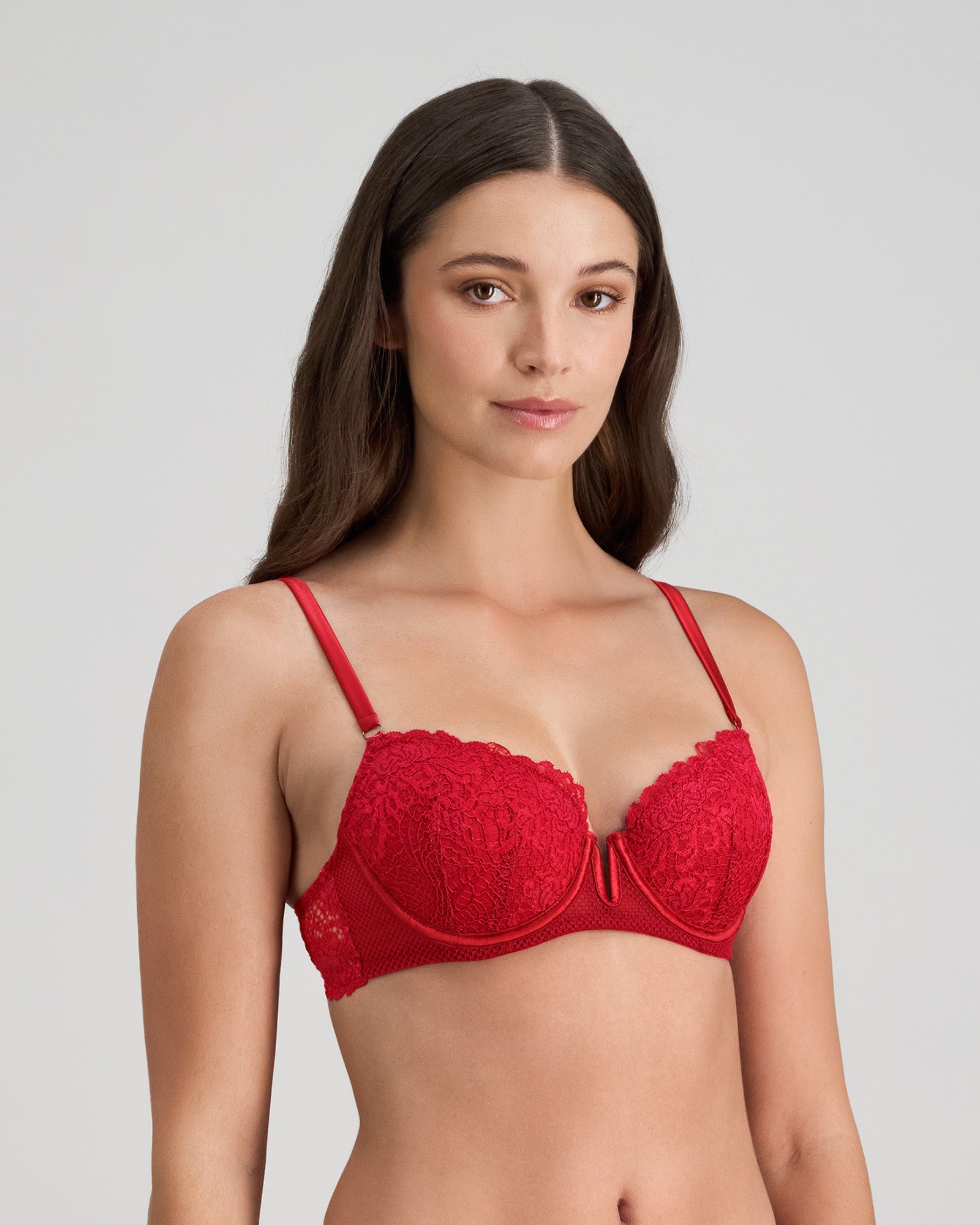 Model wears Adoration Contour Bra in SALSA. On body side view